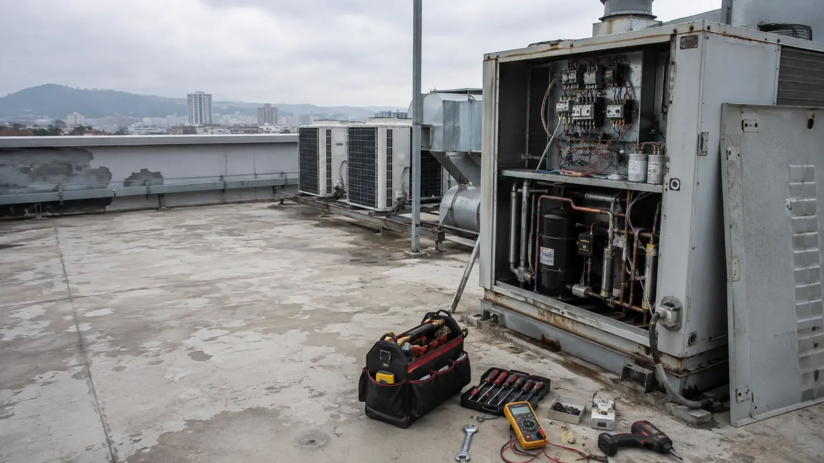 Técnico realizando una reparación de climatización